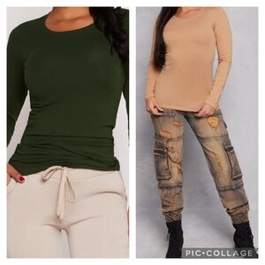 * Ambriance Two Round Neckline Long Sleeve Tees Tops Sizs S Hunter and Camel